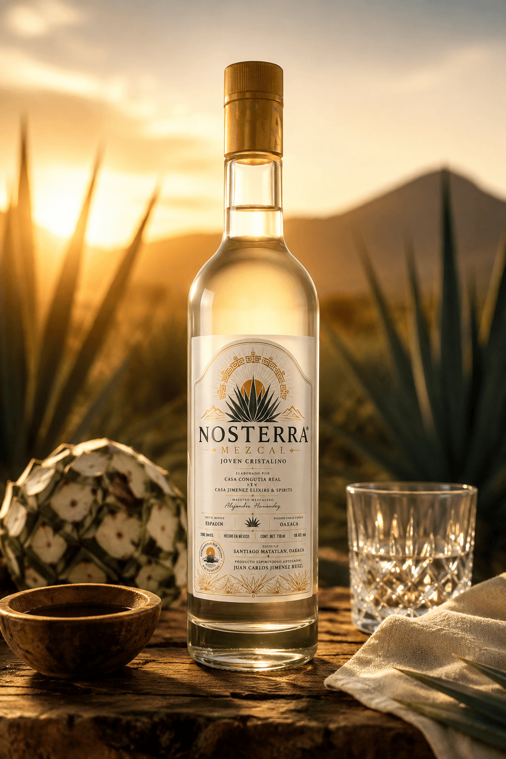 Botella NOSTERRA en un campo de agave al atardecer en Oaxaca